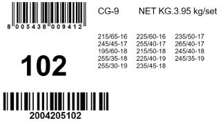 Voorbeeld van een label van een sneeuwketting met de daarbij horende bandenmaten