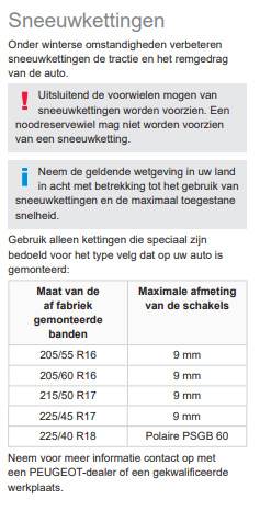 De handleiding van de Peugeot 308 over sneeuwkettingen