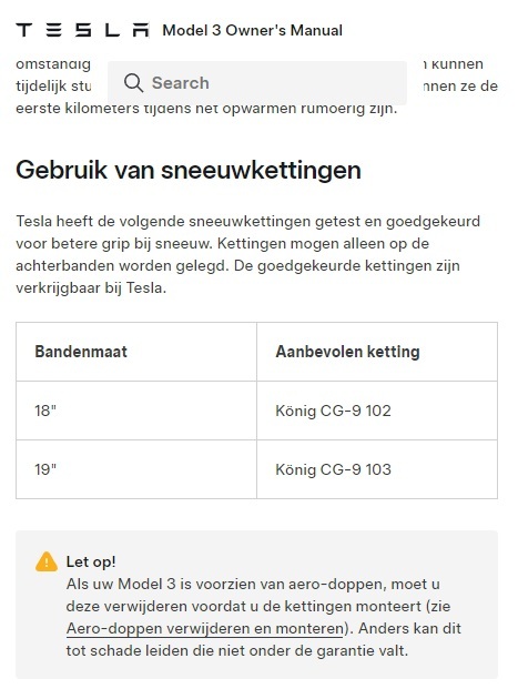 Handleiding Tesla model 3 over König CG-9 102 en König CG-103 sneeuwkettingen