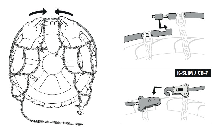 Sneeuwkettingen over de band monteren